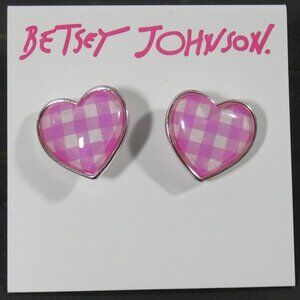 NWT Betsey Johnson Pink Gingham Heart Stud Earrings